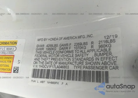 2020 Honda Accord Lx from USA, damaged, VIN 1HGCV1F17LA046803